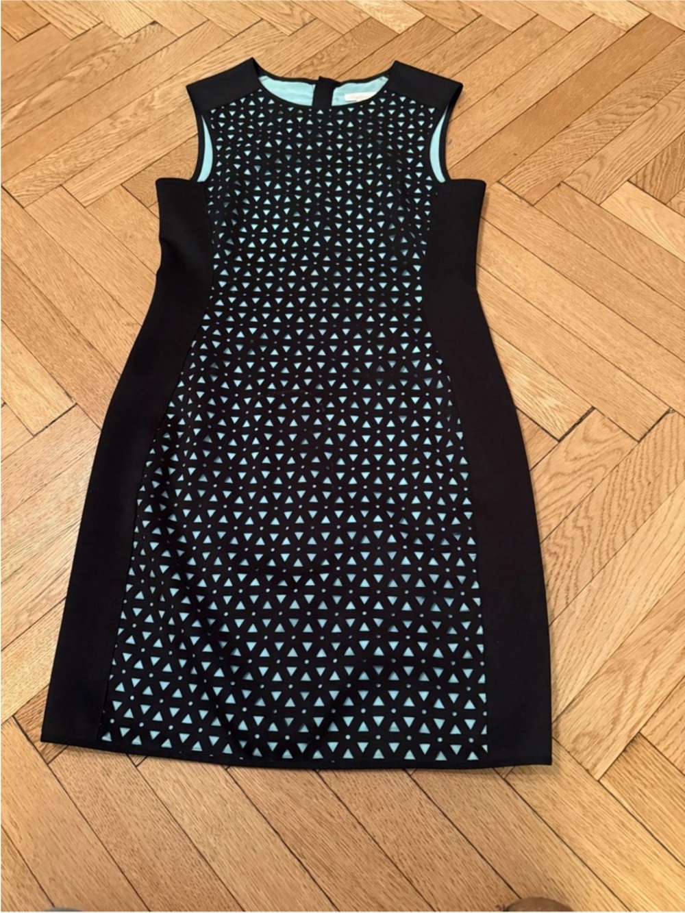 Sleeveless Black Midi Dress with Aqua Geometric Inset